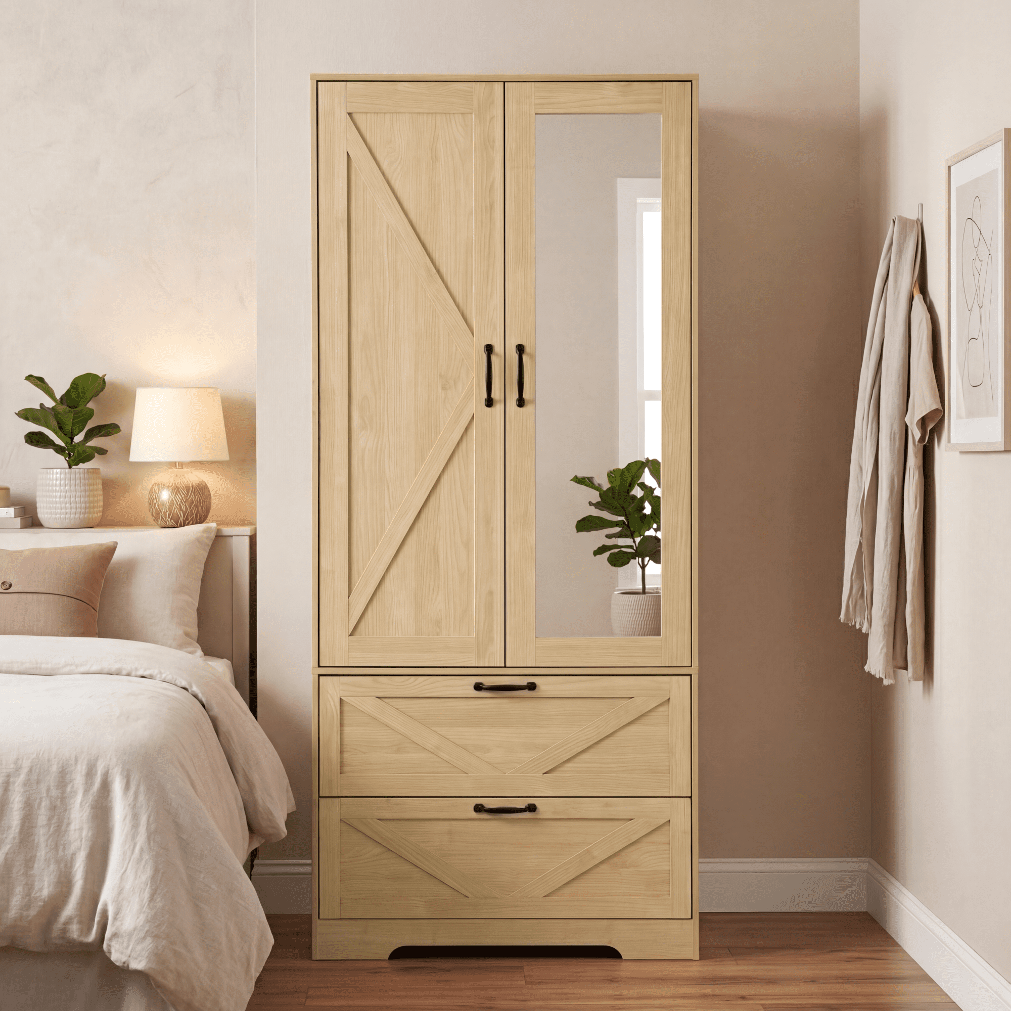 72" Tall 2 Doors Armoire Wardrobe Closet with 2 Drawers and Mirror, Multifunctional Wooden Wardrobe Storage Cabinet with Induction Light for Bedroom,Natural