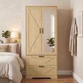 thumbnail image 2 of 72" Tall 2 Doors Armoire Wardrobe Closet with 2 Drawers and Mirror, Multifunctional Wooden Wardrobe Storage Cabinet with Induction Light for Bedroom,Natural, 2 of 8