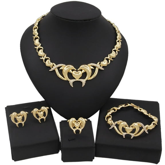 Women's Hugs & Kisses XOXO Dolphins Charm Necklace Set Includes Ring Bracelet & Earrings set 18k Layered Real Gold Plated
