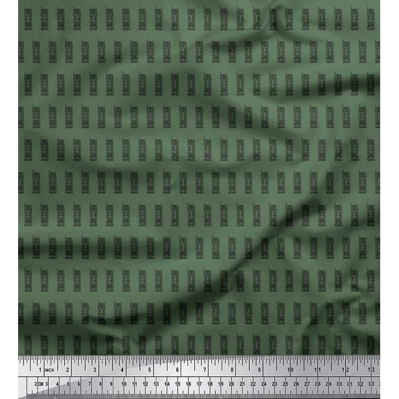 Soimoi Green Poly Georgette Fabric Buildings Architectural Print Fabric by the Yard 52 Inch Wide