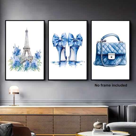 3pcs, 2D Frameless Canvas Art, Decorative Wall Art, Blue Wall Art, Luxury Perfume Poster, Fashion Art Print, Paris Art, Girl Bedroom Art, Blue Wall Decor Set, Girl Bedroom Decor Kit, Picture, Wall P
