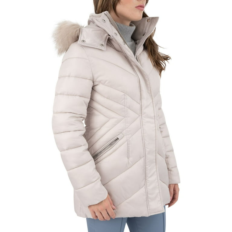 Women s Nine West Detachable Faux Fur Hooded Short Quilted Puffer Coat Color Marble Size LARGE Walmart