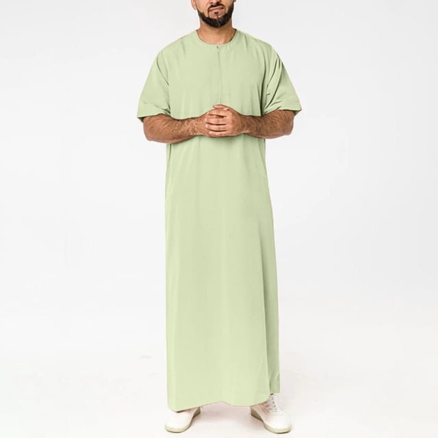 Men's Dress Shirt Casual Solid Round Neck Zipper Robe Short Sleev Jubba Thobe for Everyday Comfort and Modern Style