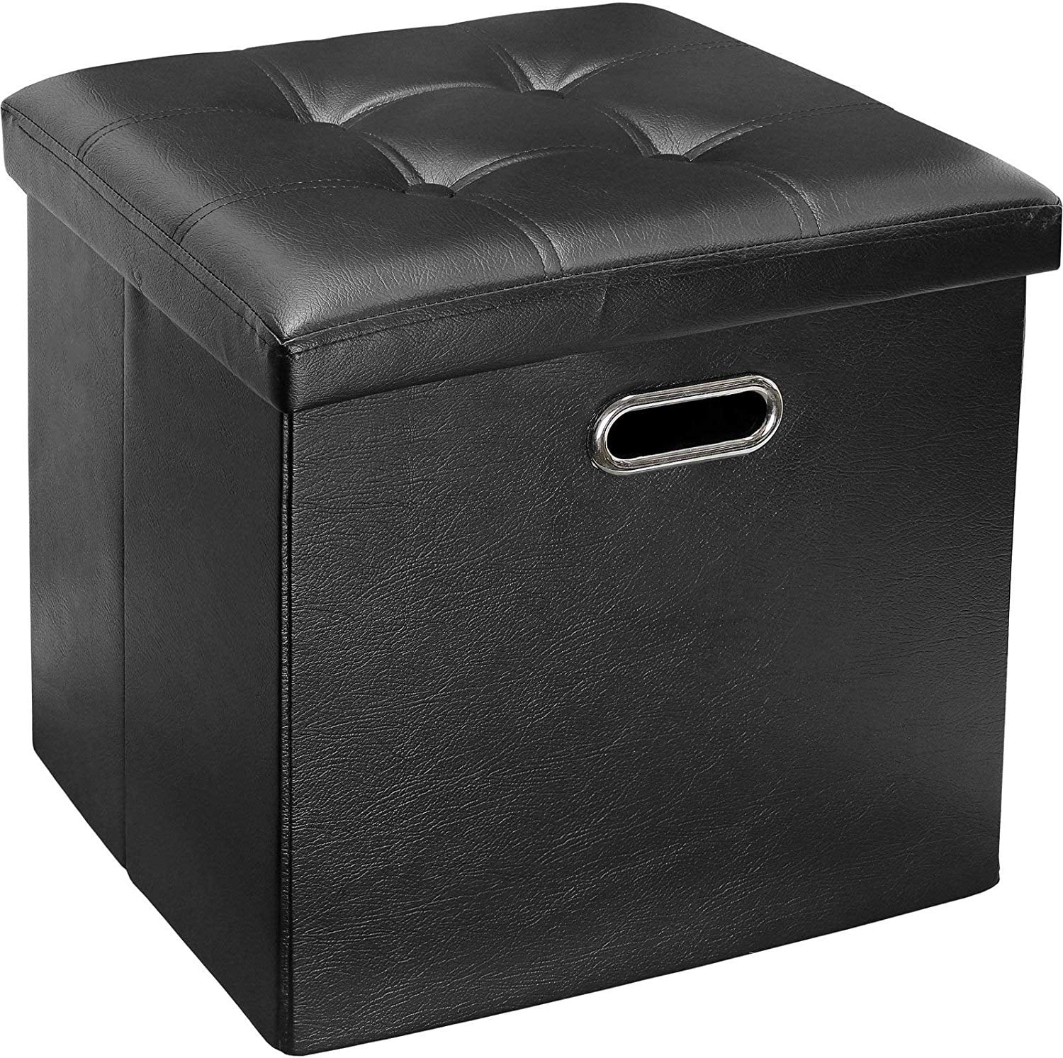 Faux Leather, Tufted, Ottoman Stool Seat and Foot Rest, Collapsible, Versatile Storage BoxBlack