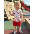 thumbnail image 5 of BemeyourBBs Toddler Baby Boys Back to School Outfit Kids Kindergarten Outfits Baby Boy Summer Clothes Stationery Apple Print Collar Short Sleeve Button Down Shirt Tops and Pockets Shorts Set, 5 of 9
