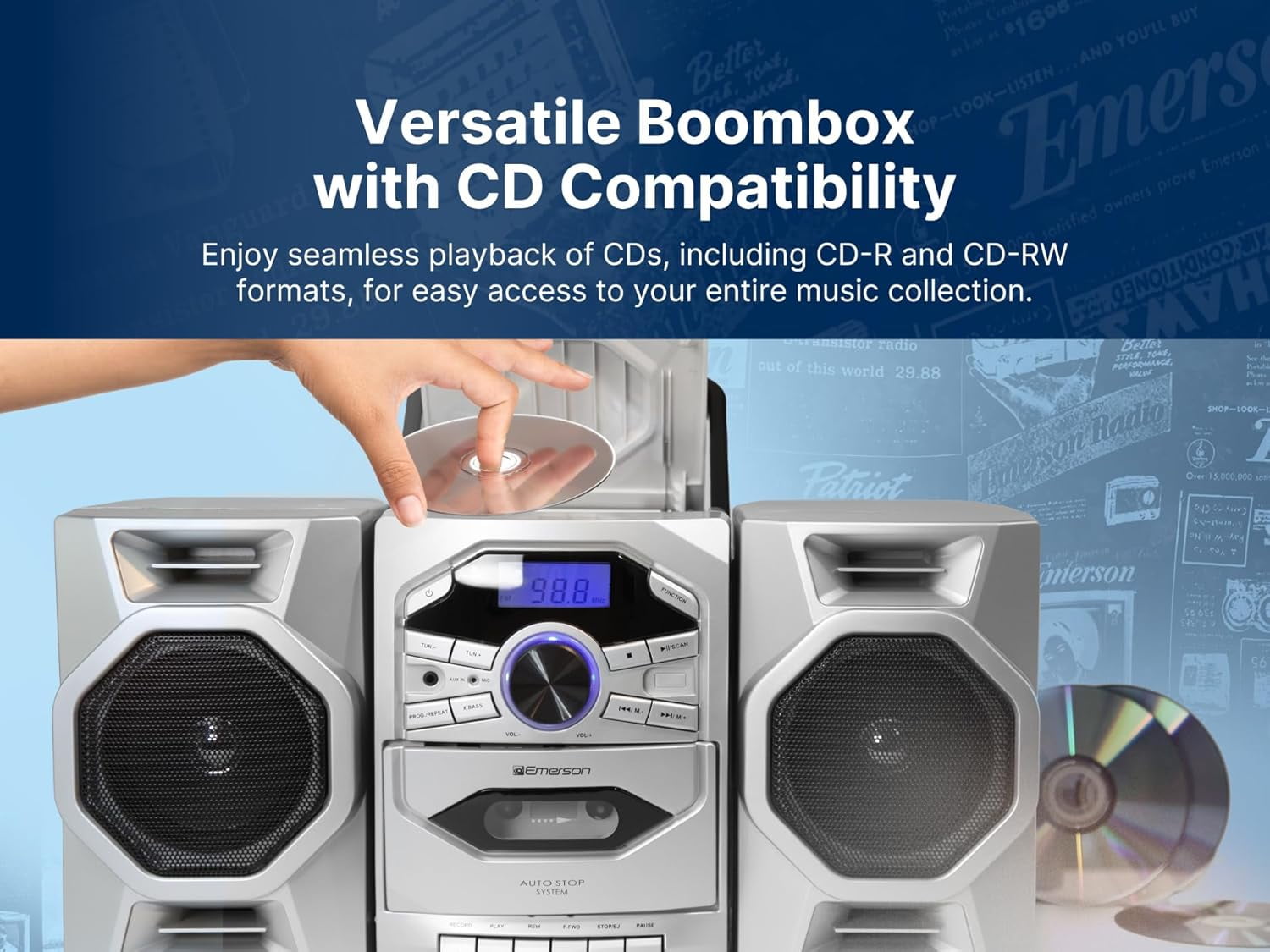 Emerson Boombox with CD & Cassette Player | Digital AM FM Portable Radio MP3, AUX, Mic Input | Portable Stereo System For Home, Indoor, Outdoor | Loud Big Speakers