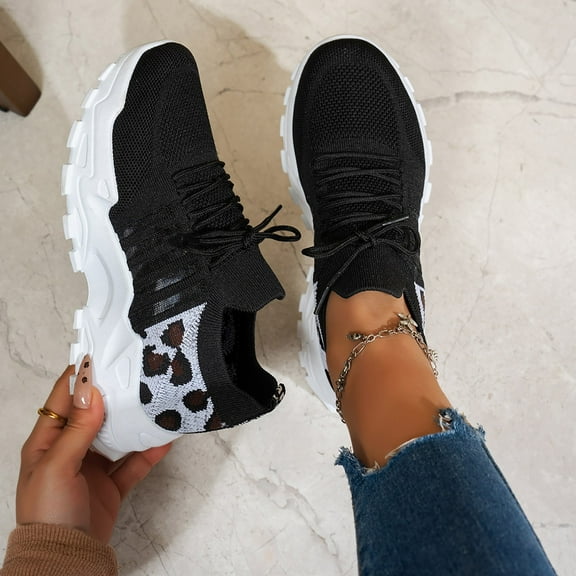 XIMIN Women's Fashion New Leopard Print Lace Up Low Top Wear-Resistant Breathable Mesh Sneakers Casual Comfortable Sports Running Shoes Walking Anti-Slip Sneakers