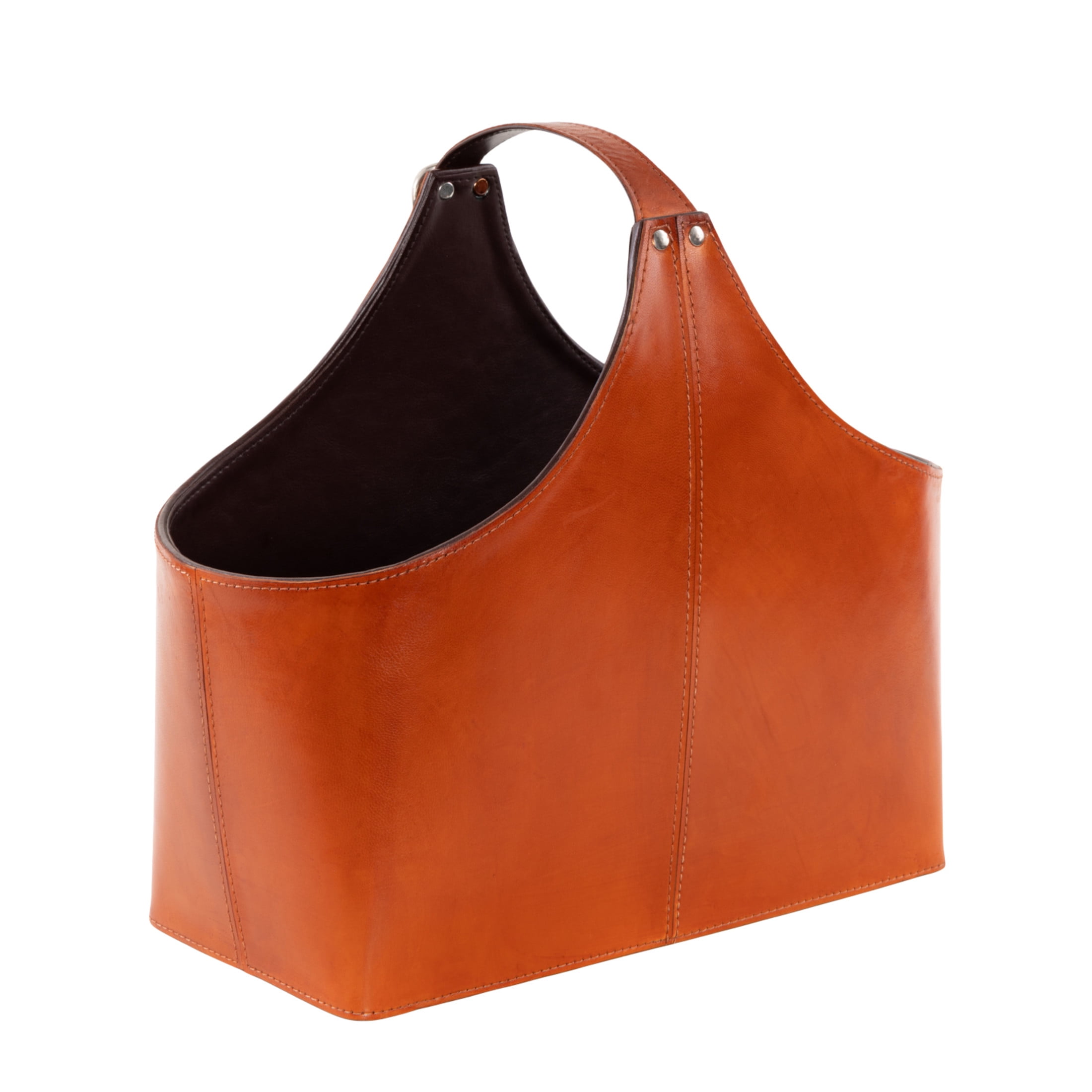 DecMode 15" Brown Leather Handmade Box Style Magazine Holder with Detail Stitching and Curved Buckle Handle