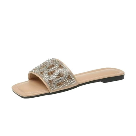 

HAOTAGS Women s Single Band Sandals Flat Slide Sandals Square Toe Trendy Dressy Shoes Khaki Size 6