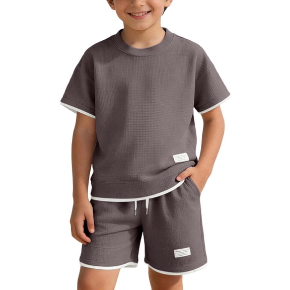 Abcomgle Boys Short Sets Size 10-12 Boys Two Piece Outfits Waffle Knit Short Sleeve Tshirts and Elastic Waist Shorts Casual Athletic Boys Summer Clothes