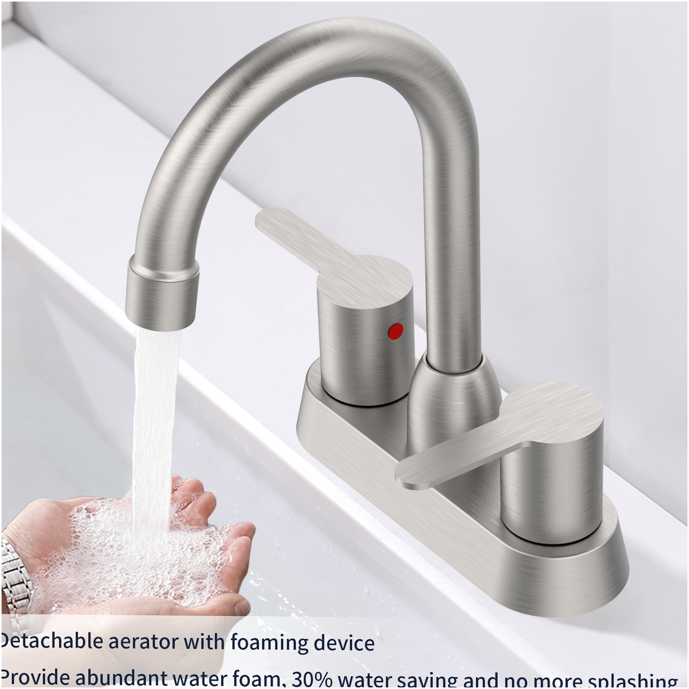 JERFIT Modern Brushed Nickel Centerset Bathroom Sink Faucet, 2-Handle 3-Hole Deck Mount RV Lavatory Faucet with Pop-Up Drain Assembly