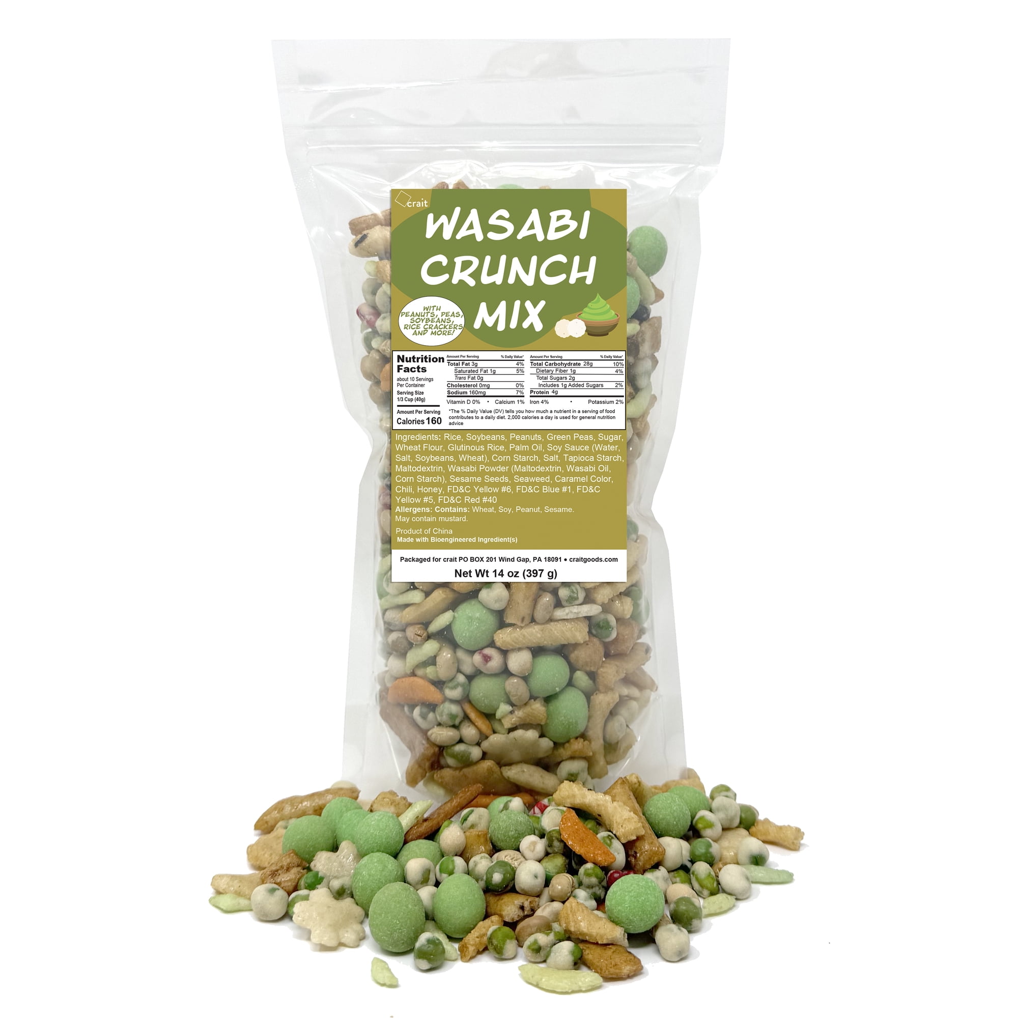Wasabi Snack Mix – Wasabi Peas, Peanuts & Asian Rice Crackers – Spicy Crispy Oriental Snack Blend, Rigato Mix, Savory Party Snacks, Resealable Bag, 14 oz