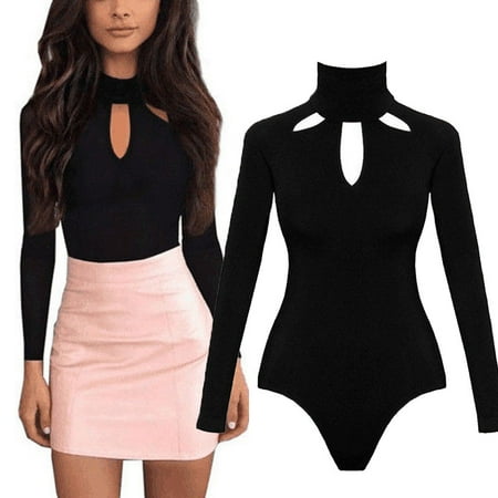 - Women Long Sleeve Stretch Bodycon Bodysuit Jumpsuit Tops Casual Leotard Plain Shirt