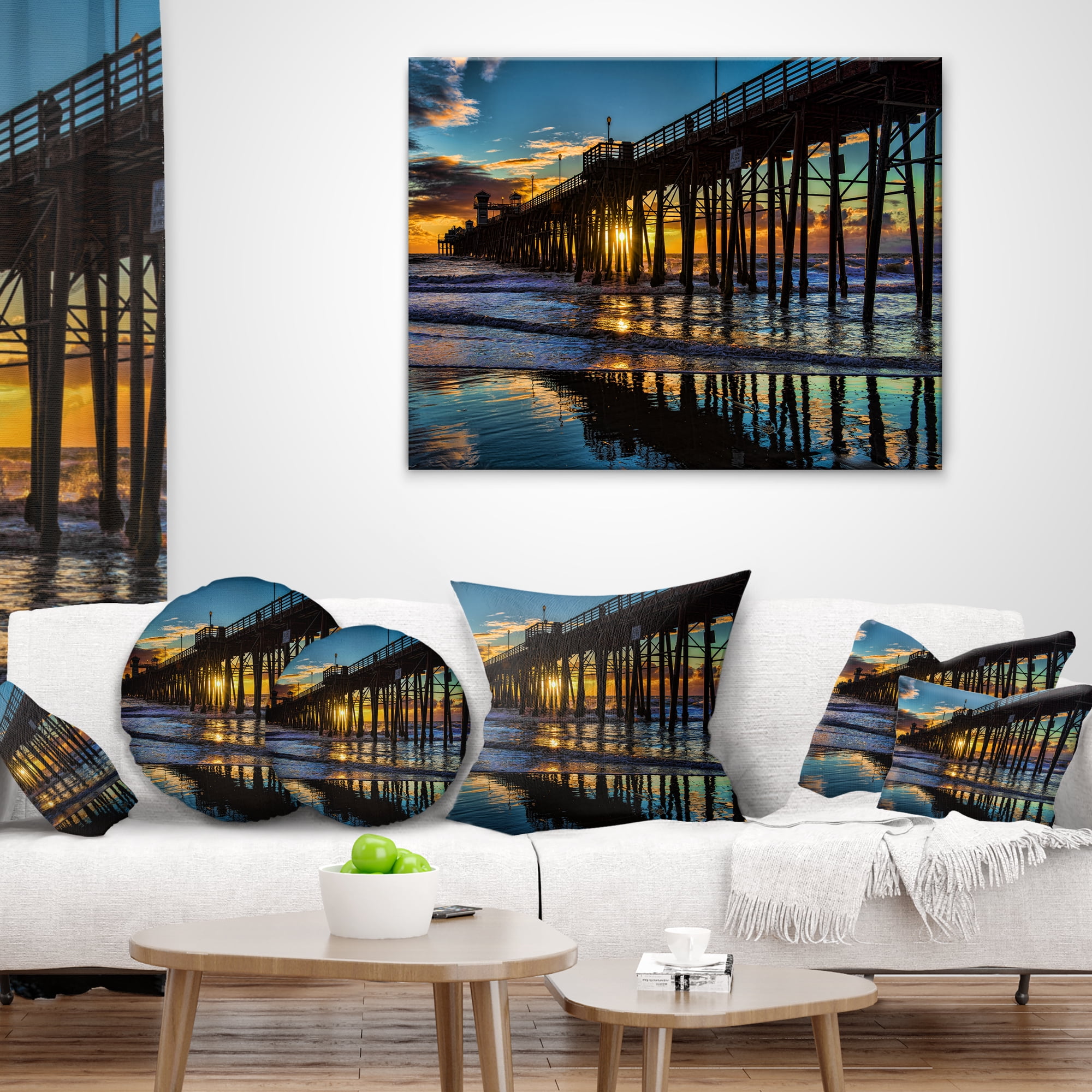 Designart Oceanside Pier at Evening - Landscape Photography Throw Pillow - 16x16