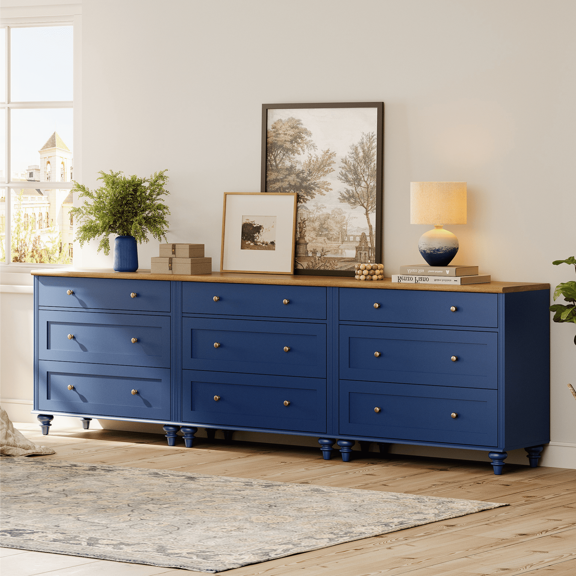 TV Stand for 100 Inch TV, Kitchen Buffet Sideboard with 9 Drawers, TV Cabinet for Living Room and Dining Room, Navy Blue