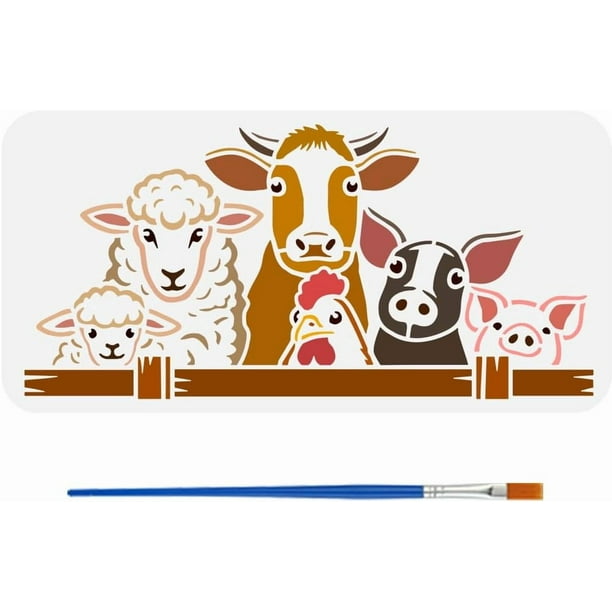 Plantilla para pintar animales de granja con 1 pincel de plástico (30 x 15 cm). Plantilla para cercas de granja con cerdos, vacas, ovejas y gallinas.