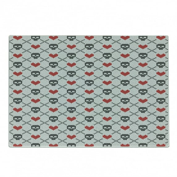 Skull Cutting Board, Geometric Skulls and Hearts Crosses Stitch Work Knitted Nordic Pattern Print, Decorative Tempered Glass Cutting and Serving Board, Small Size, Grey Red Coconut, by Ambesonne