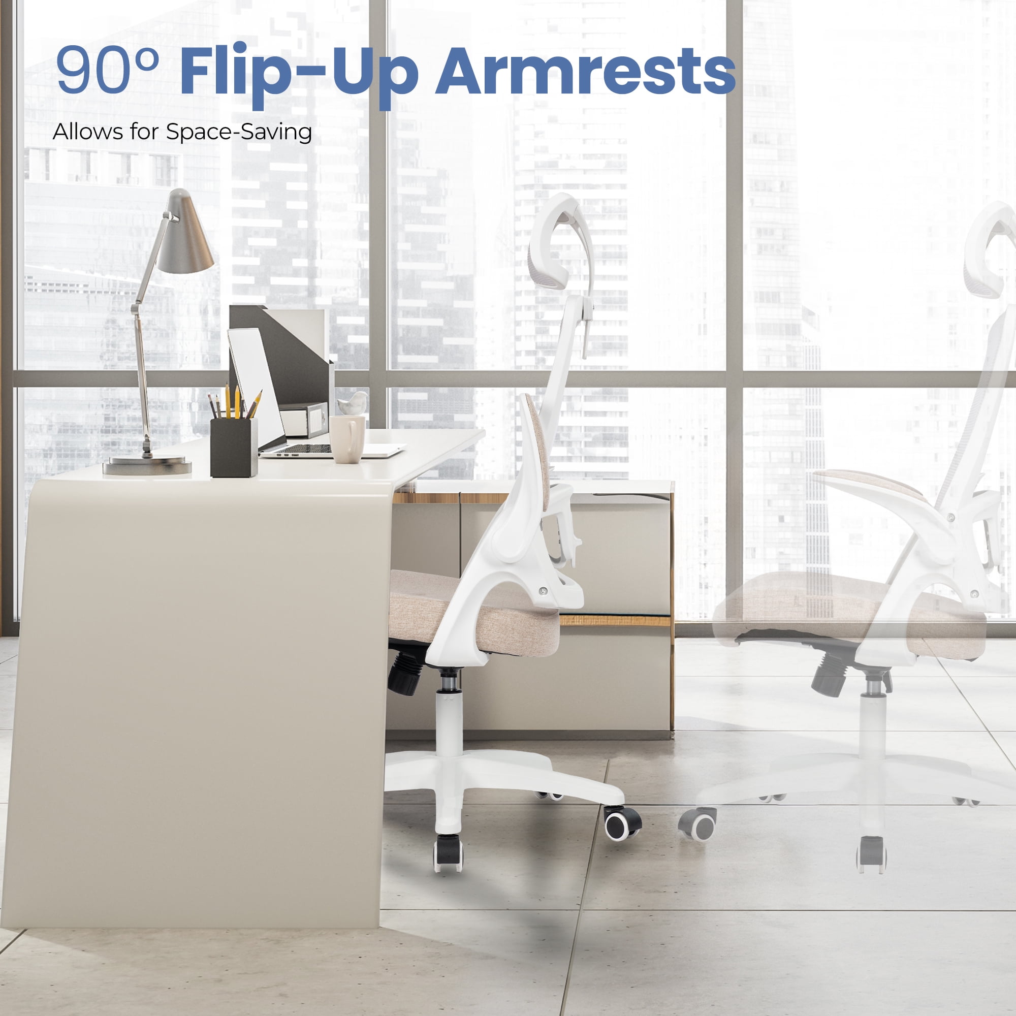 CELTOSS Ergonomic Office Chair, High Back Flip-Up Armrests Design, Adjustable Mesh Headrest and Lumbar Support, Beige