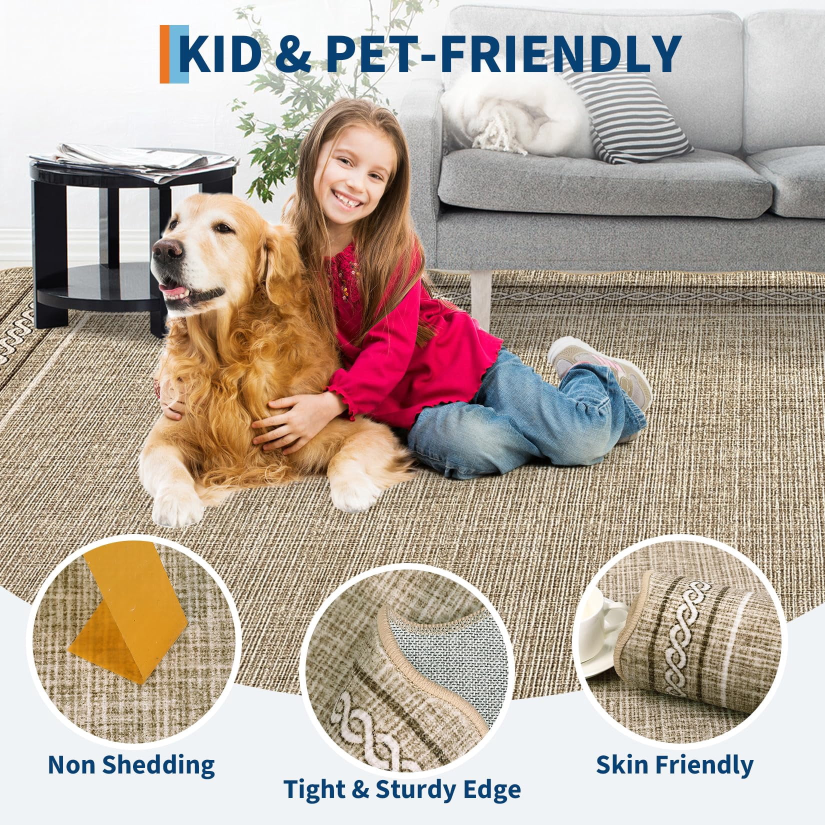 5*7FT Scalloped Washable 5x7 Area Rugs for Living Room, Non Slip Jute Printed Rug Soft Non Shedding Bedroom Rugs Foldable Low Pile Stain Resistant Carpet for Playroom Nursery Dining Room, Jute Gray