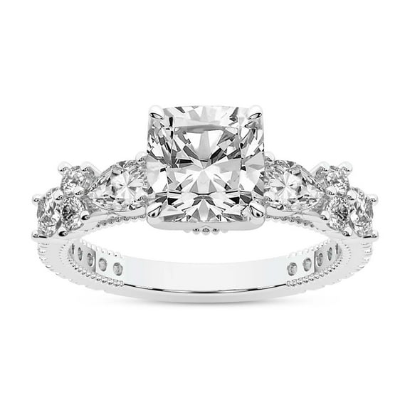 IGI Certified 2 Carat Cushion Shape Lab Grown Diamond Engagement Ring | 14K White Gold | Chrizan Round & Pear Side Stone Diamond Ring | FG-VS1-VS2 Quality Friendly Diamonds