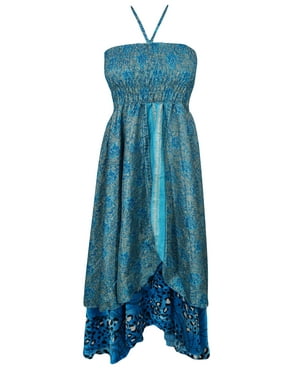 Mogul Ready For Love Recycled Vintage Silk Sari Two Layer Bohemian Fashion Printed Beach Wear Evening Summer Dress