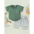thumbnail image 3 of Toddler Baby Boy Summer Clothes Short Sleeve Striped Pocket Tshirt Top Solid Shorts Set Casual Outfits, 3 of 9