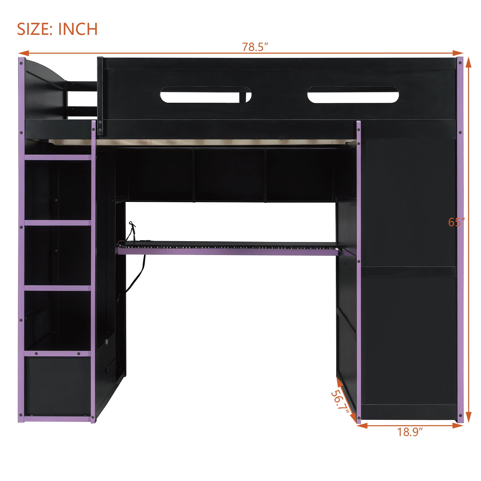 Mintazer Full Size Gaming Loft Bed with Desk & Dual Wardrobes, Esports Loft Bed with RGB LED Light & Storage Drawers, Black & Purple