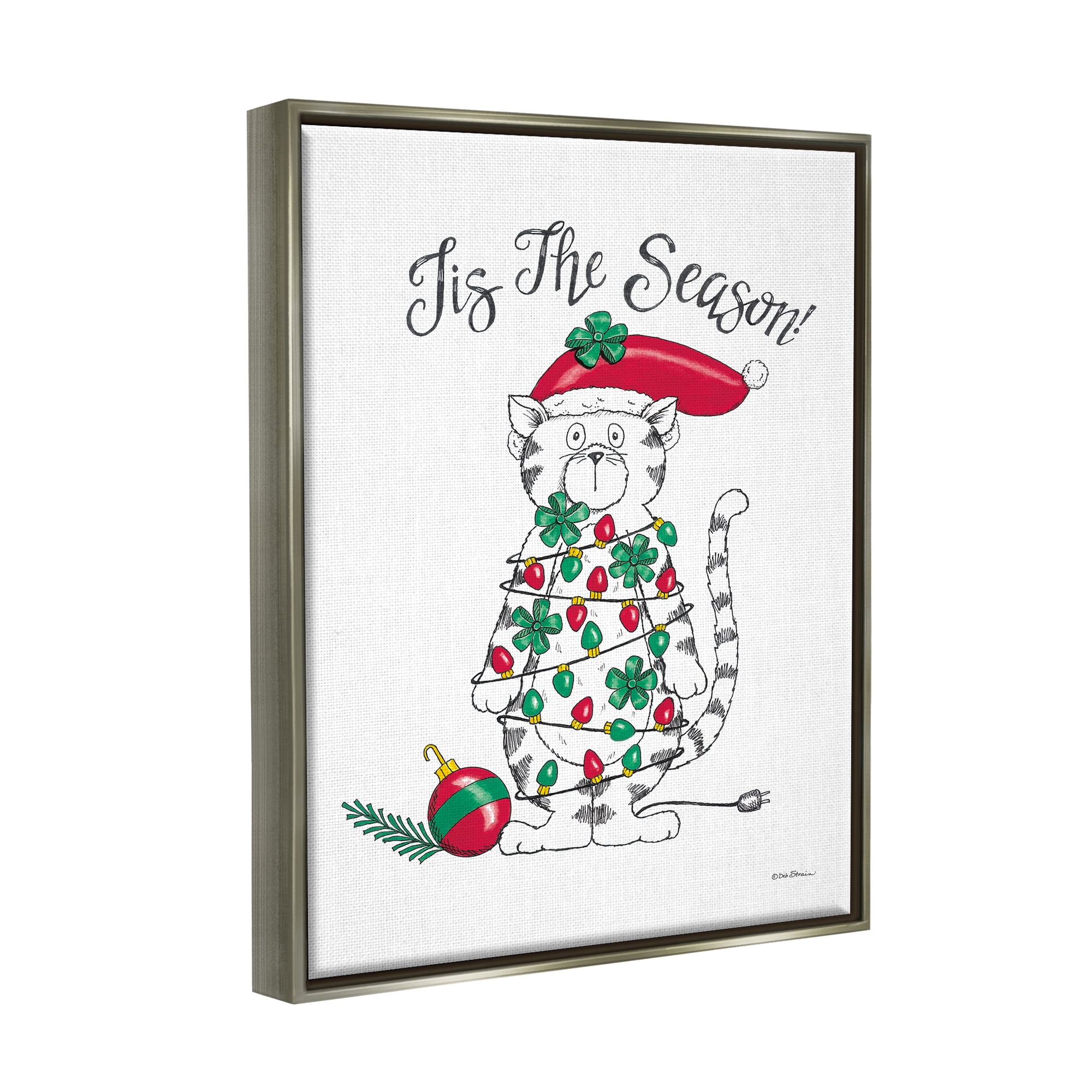 Stupell Industries Tis The Season Cat Holiday Painting Gray Floater Framed Art Print Wall Art, 17 x 21