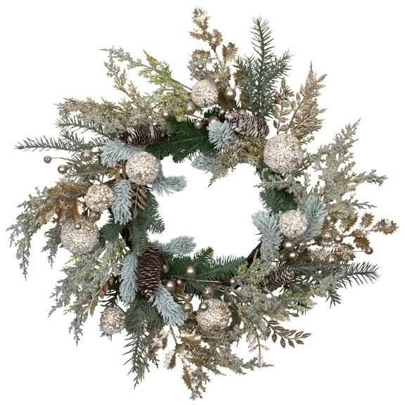 Northlight Glittered Mixed Foliage with Ornaments Artificial Christmas Wreath - 24" - Unlit
