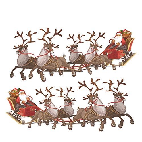 Christmas Window Clings ・Two Santa Sleigh and Reindeers Christmas Window Decorations - Reusable Non-Adhesive Holiday Window and Door D馗or - Small x 2