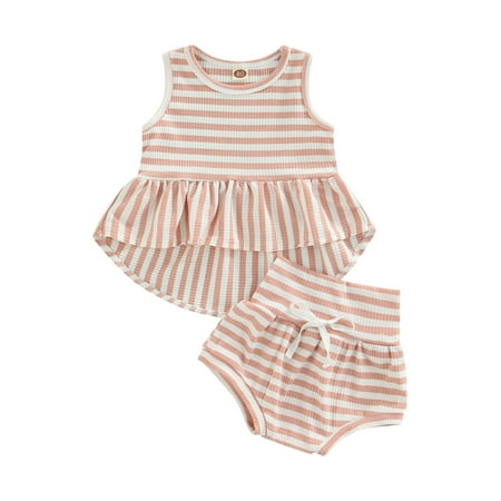 

IZhansean Infant Baby Girl Summer Outfits Striped Sleeveless Ruffle Tunic Tank Tops Vest and Shorts Set 2PCS Clothes Pink 6-12 Months