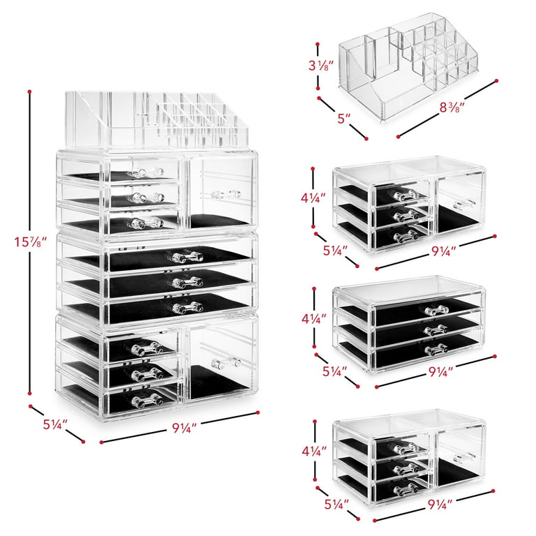 Casafield Acrylic Cosmetic Makeup Organizer & Jewelry Storage Display Case  - Large 16 Slot, 2 Box & 10 Drawer Set - Clear 