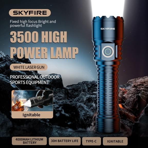 SKYFIRE Rechargeable Flashlight, 3500 Lumens Ultra Bright, 4000mAh 30H Runtime, Type-C Fast Charge, 6 Light Modes, TIR Lens EDC Torch for Camping, Hiking, BBQ, Emergency