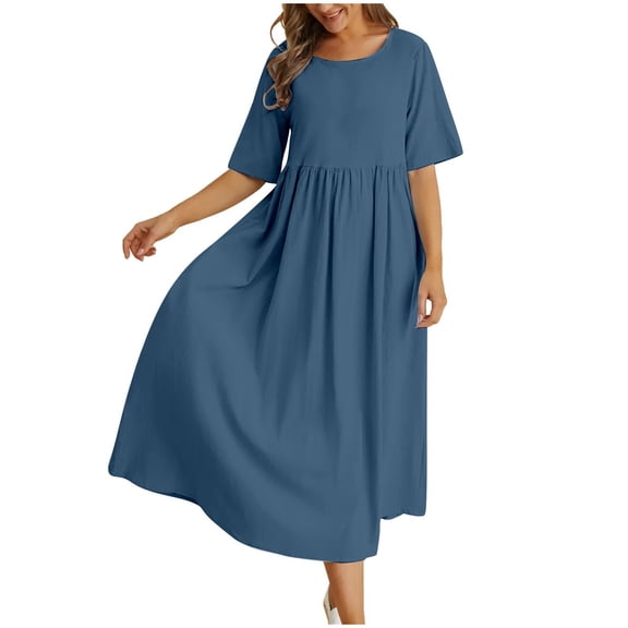OSOLU Solid Color Women Fashion O-Neck Half Sleeve Loose Cotton Pocket Mid-Length Dress Leisure Sundress Wedding Guest Dresses For Women