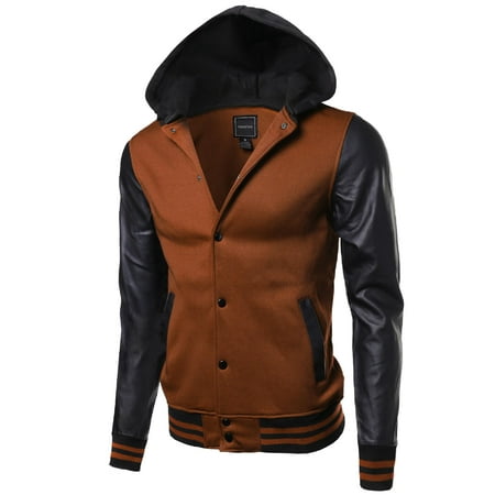 FashionOutfit Men's Fine Quality Hood Detachable Faux Leather Contrast Stadium (Best Quality Leather Jackets)