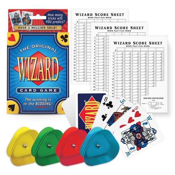 The Original Wizard Cards Juego y tarjetero para naipes (paquete de 4) - Juego de cartas clásico para vacaciones y noches de juego con tarjetero manos libres para personas mayores - Hojas de puntuació
