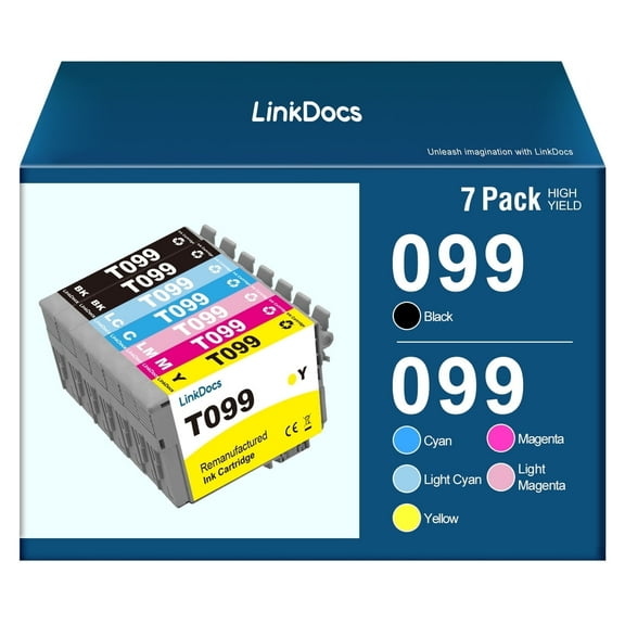 LinkDocs Ink Cartridge Replacement for Epson T098 T099 work for Epson Artisan 700 710 725 730 800 810 835 837 Printer (7 Pack, 2 Black,1 Cyan,1 Magenta,1 Yellow,1 Light Cyan,1 Light Magenta)