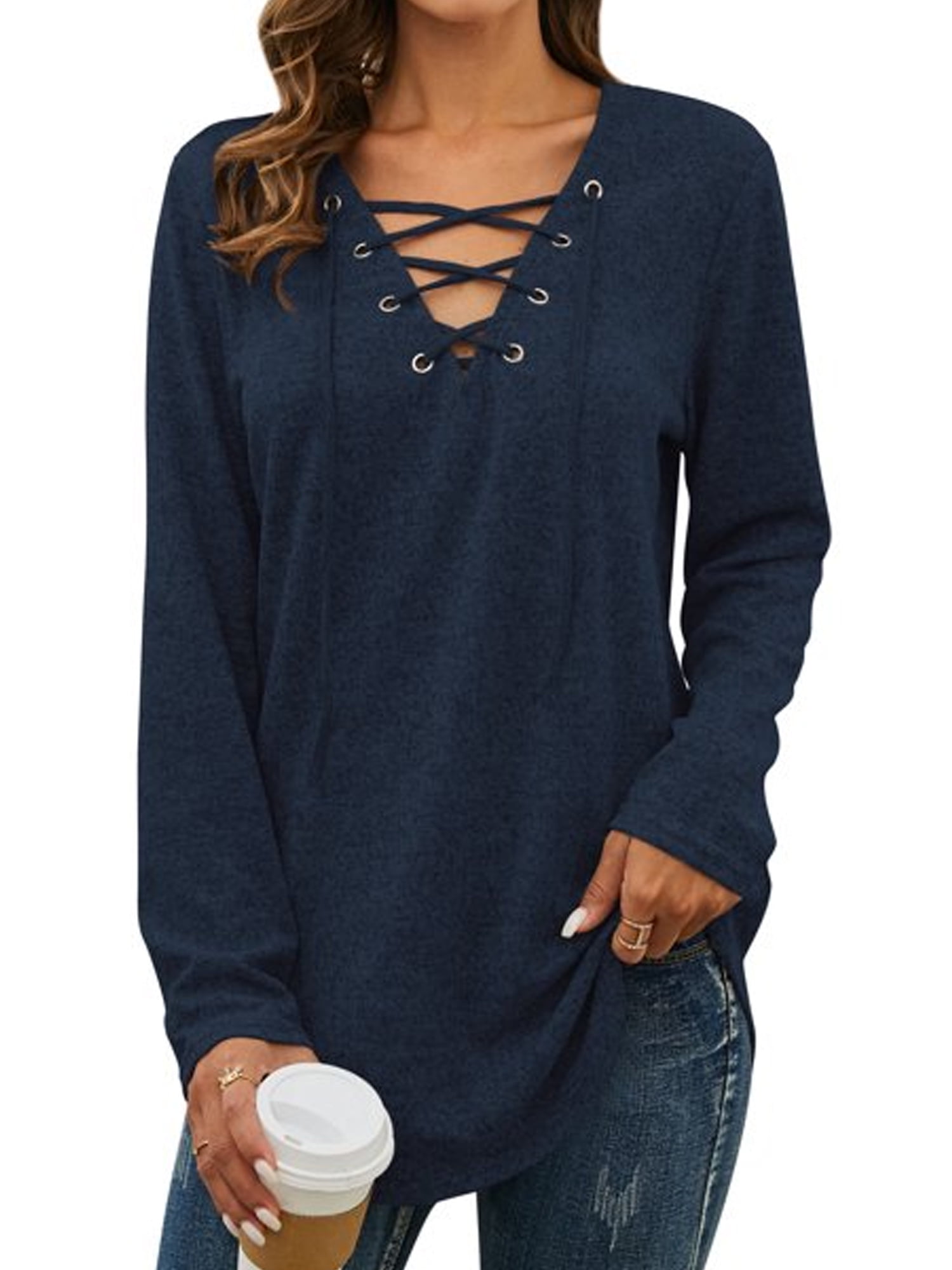 Womens Lace V-neck Long Sleeve Blouse Pullover Ladies Casual T-shirt Tops Tunic