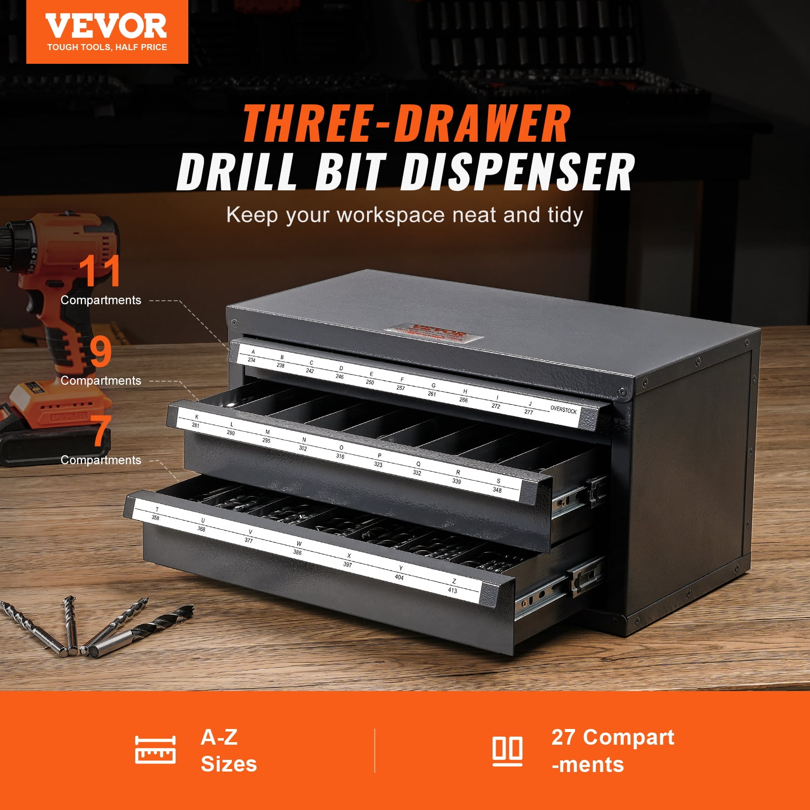 SKYSHALO Drill Bit Dispenser Cabinet, Three-Drawer Drill Bit Dispenser, Drill Bit Organizer Cabinet, Drill Dispenser Organizer Cabinet for A to Z