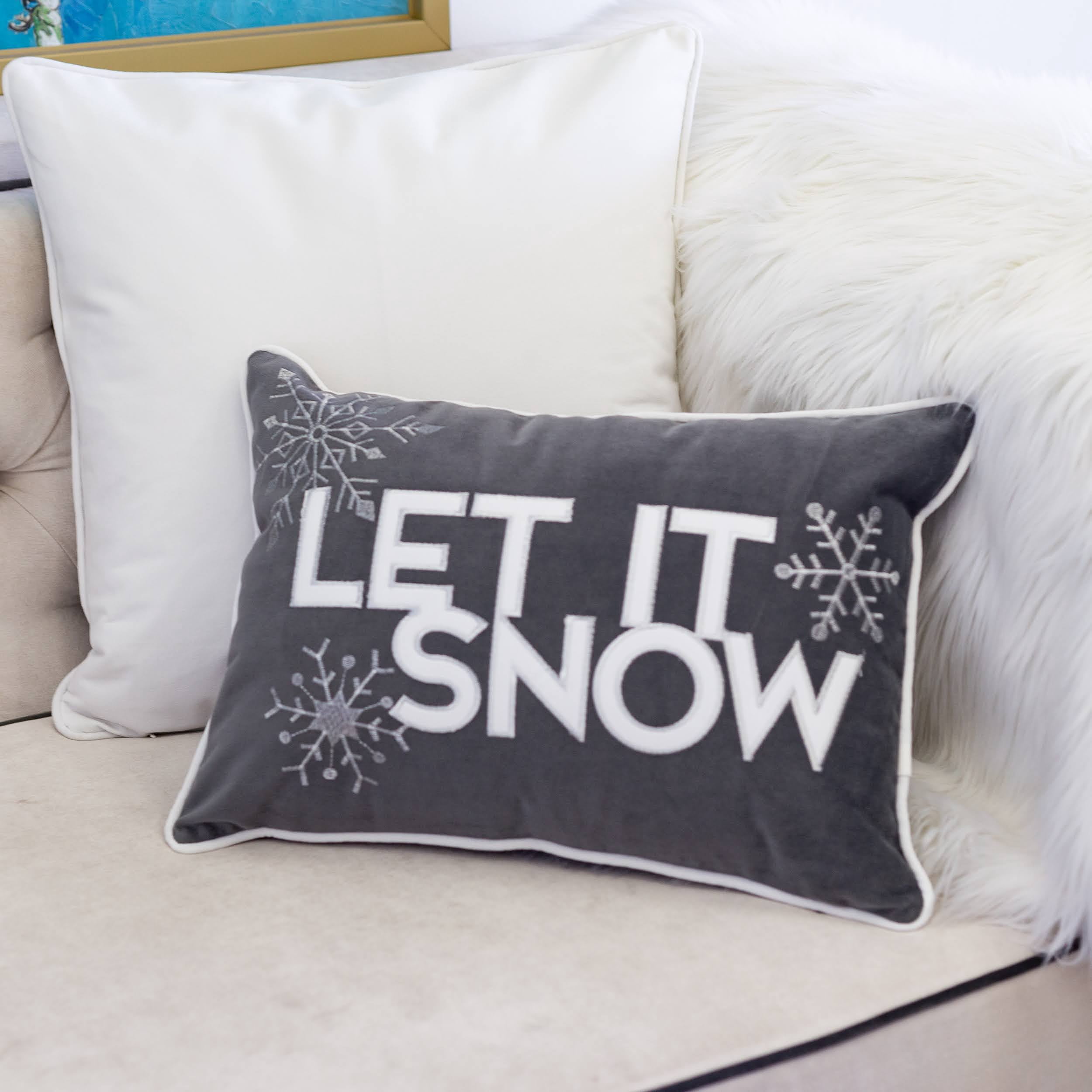 Let-It-Snow Gray and White Embroidered Snowflake Graphic Polyester 14 in. x 20 in. Decorative Throw Pillow