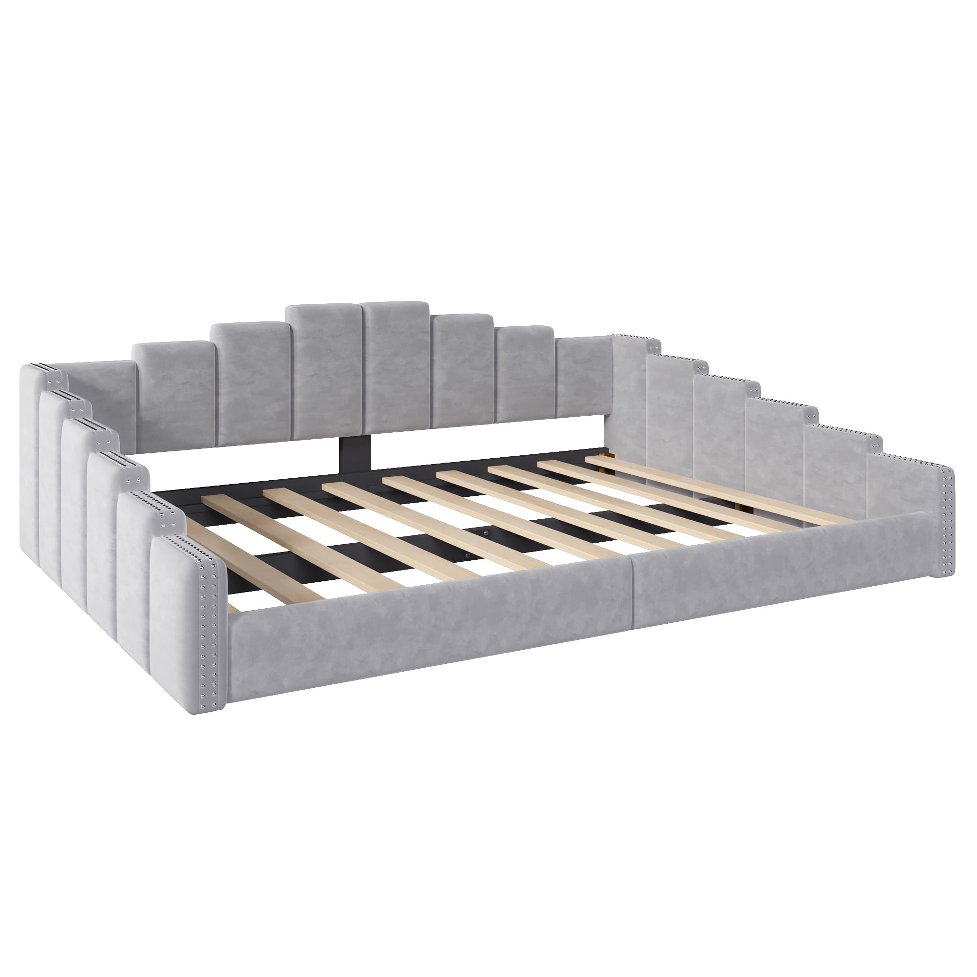 Euroco Upholstery Queen Size Daybed, Velvet Sofa Platform Bed with Nailhead Trim, No Box Spring Needed, Gray