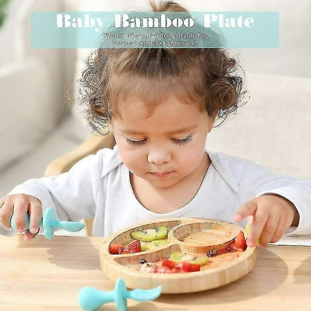 Baby Dish Tableware Set Bamboo Children Dining Set Plate And Spoon Fork With Suction Plate