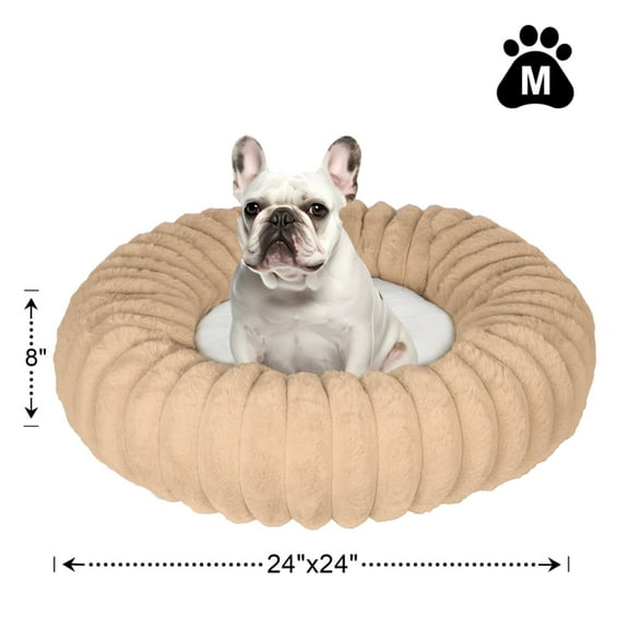 Katieovy Donut Dog Beds for Medium Dogs,Fluffy Calming Dog Beds with Non-Slip Bottomm,24 x 24 inch Washable Round Dog Cat Beds,Apricot