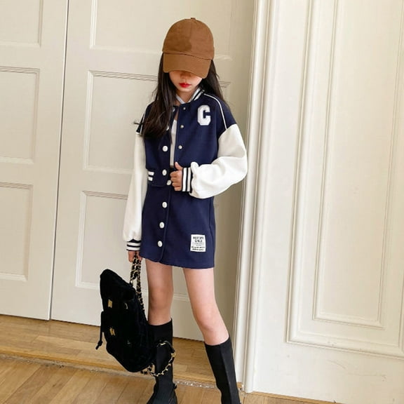 CHUOU Children Kids Toddler Girls Long Sleeve Patchwork Baseball Coat Jacket Outer Patchwork Skirt Outfit Set 2PCS Clothes