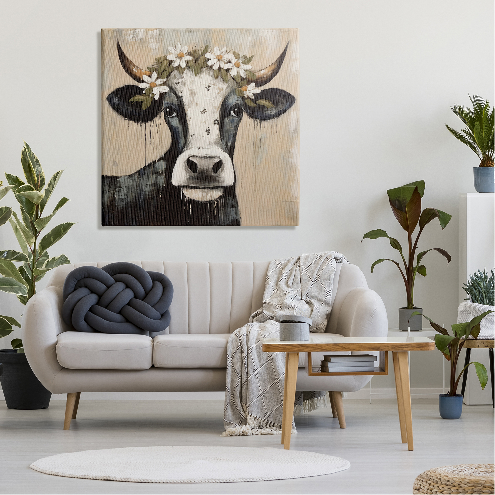 Stupell Industries Black Cow & Daisy Crown Animals & Insects Painting Gallery Wrapped Canvas Art Print Wall Art, 36 x 36