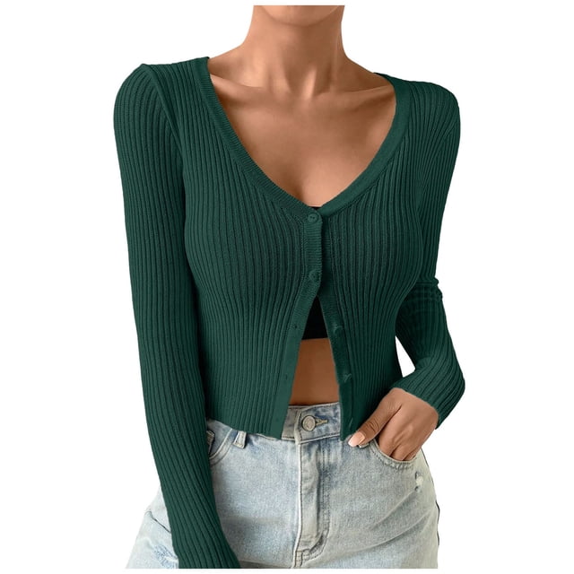 OJinShaWanO Big Sister Sweater Women's Ribbed Knit Button Down V Neck Lightweight Cropped Cardigan Coat Tops