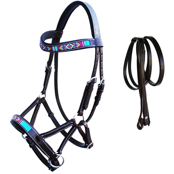 Horse Western Leather Tack Beaded Bitless Sidepull Bridle Reins Brown 77RS15BR