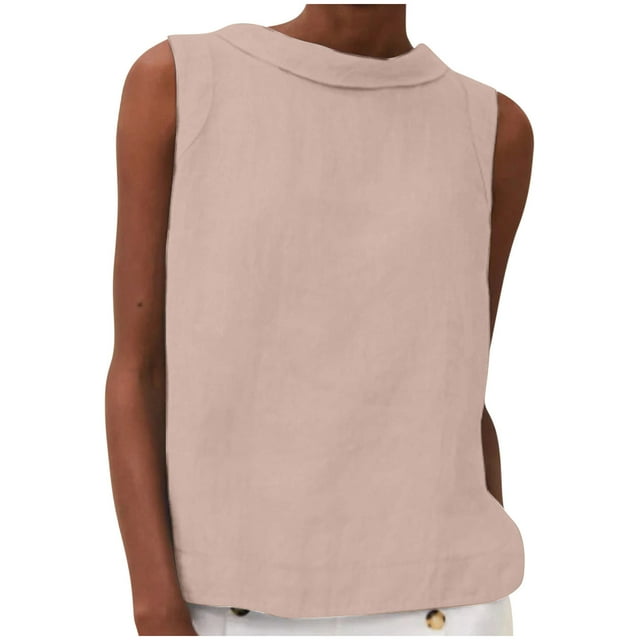 Besolor Débardeurs d'Été Grande Taille pour Femmes Col Rond Sans Manches en Coton Lin Chemises Décontractées Amples Blouse de Sortie