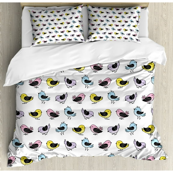 Purple and Yellow Duvet Cover Set Queen Size, Little Colorful Cartoon Bird Character Drawings on Plain Backdrop, Decorative 3 Piece Bedding Set with 2 Pillow Shams, White Multicolor, by Ambesonne