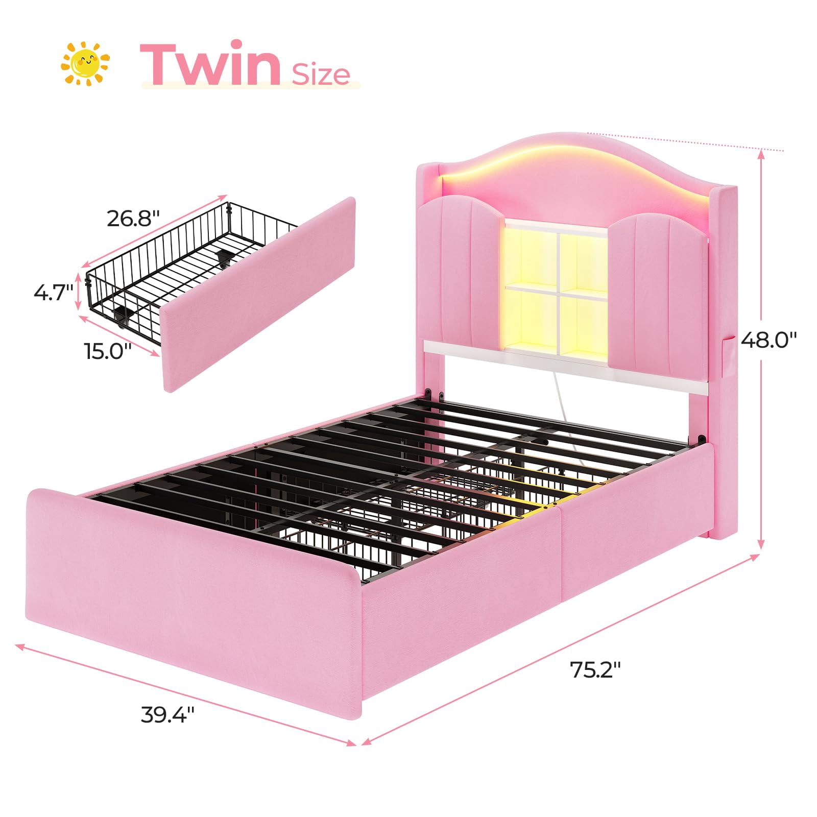 Twin Size Girls Bed Frame with 4 Drawers & Storage Headboard, LED Lights,Charging Station,Metal Slats, Velvet Upholstered Bed,No Box Spring Needed, Noise Free, Beige